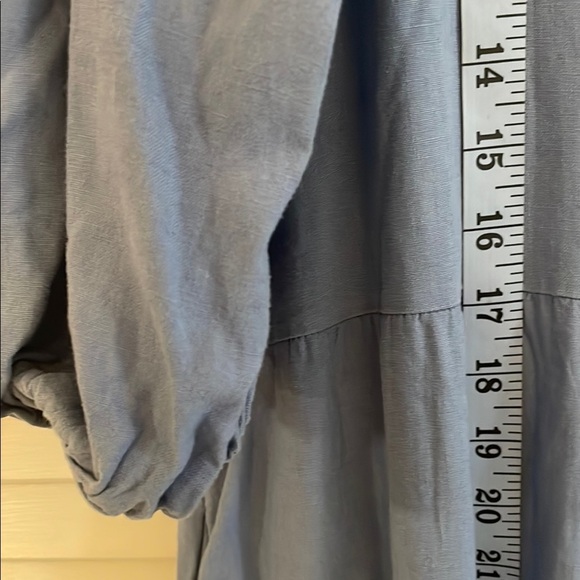 Magari Slate Blue 3/4 Puff Sleeve Button Down Tiered Pocketed Sundress - Picture 12 of 14